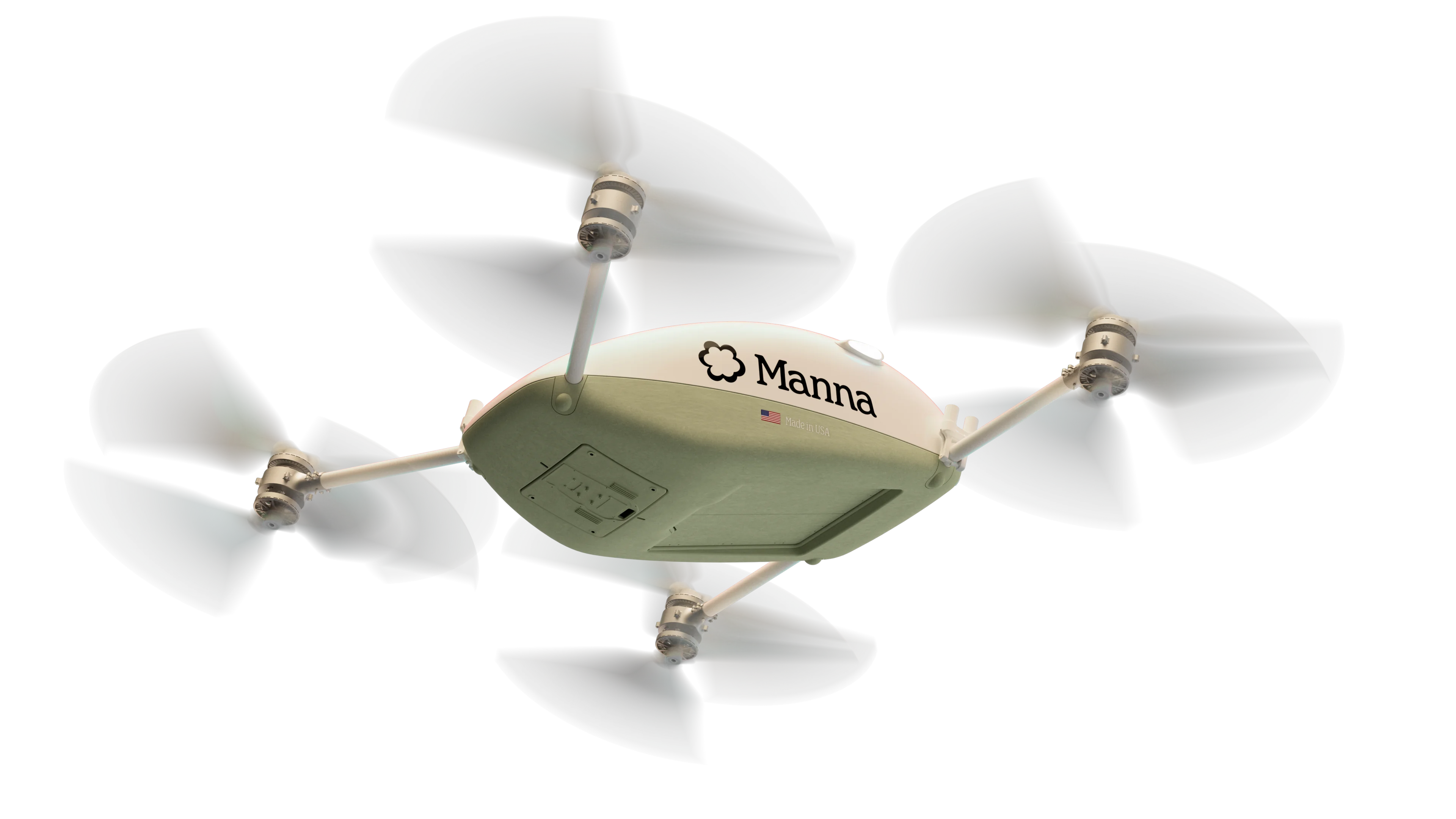 A Manna aircraft in flight, seen from below, with the Manna wordmark on its fuselage